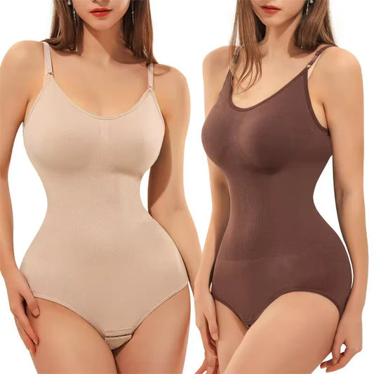 Slimming V Neck Spaghetti Strap Bodysuit with Open Crotch - Ultimate Compression Shapewear for a Smooth Silhouette
